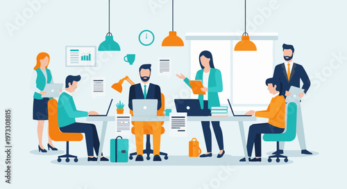 Modern office scene with colleagues collaborating around a long desk with laptops and documents