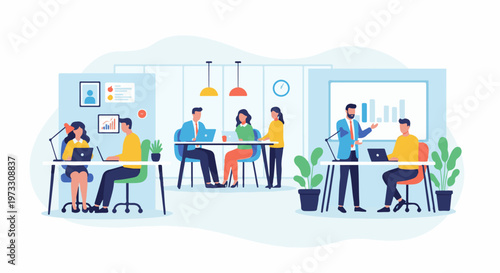 Diverse individuals collaborate in a modern office setting, working on laptops and discussing projects