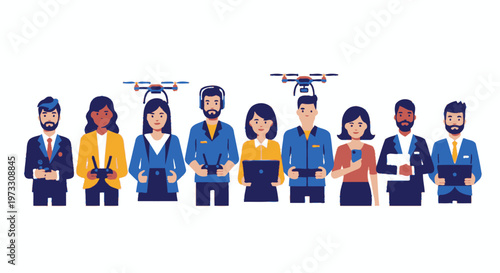 Diverse Team Operating Drones with Technology and Innovation