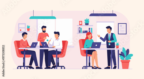 Modern office scene with people collaborating around desks and laptops