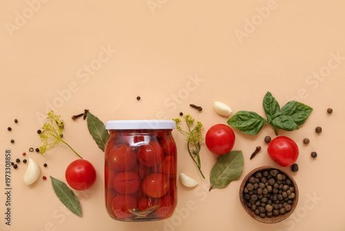 Jar with canned tomatoes an...