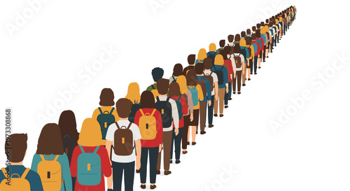 A vast and winding queue of students carrying various colorful backpacks stretches toward the horizon in a clean and minimalist flat vector style.