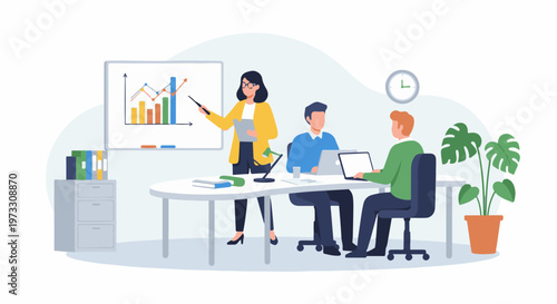 Colleagues in an office collaborate around a table, discussing a presentation on a whiteboard