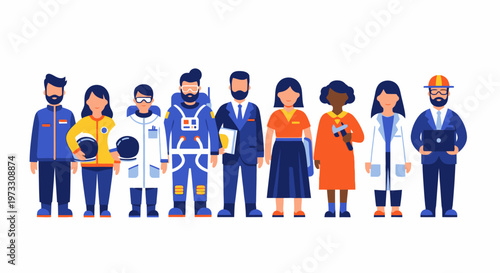 Diverse group of professionals in uniform, representing various careers and industries