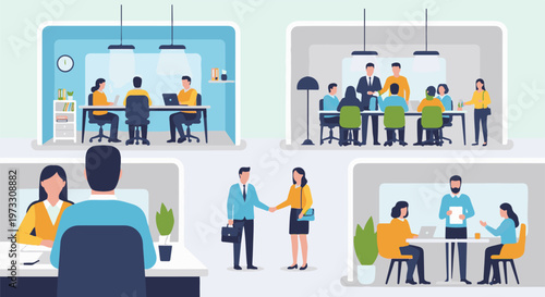Diverse office teams collaborate in meetings, interviews, and cubicle work