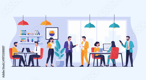 Diverse group of professionals collaborating in a bright, modern office environment, working on laptops and reviewing documents