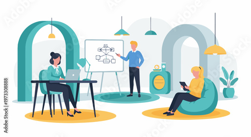Modern workspace with individuals collaborating and working independently