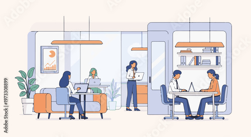 Office workers collaborate on laptops in a modern, minimalist workspace with plants and bookshelves