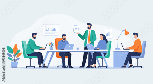 A team meeting in a modern office, with individuals working on laptops and one presenting data