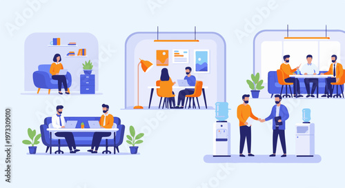 Diverse business professionals collaborate in modern office settings