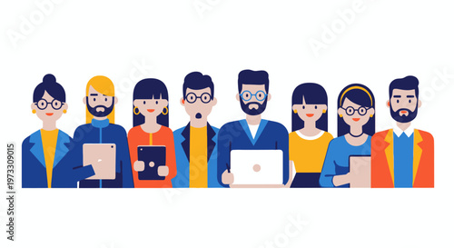 Diverse team of professionals holding devices, ready for collaboration and success.