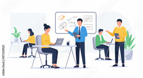 Office meeting with diverse employees engaged in tasks and presentations