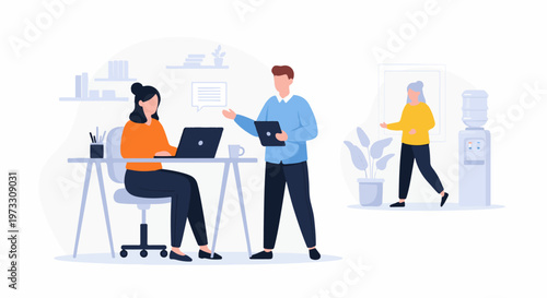 Modern office scene with people working and interacting near a water cooler