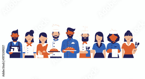 Diverse culinary team in flat design, holding food and serving utensils.