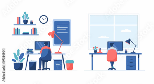 Two home office setups with people working at desks, surrounded by plants, books, and lamps