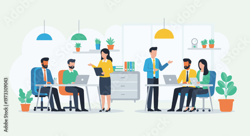 Office workers collaborating and using laptops in a bright, modern meeting space with plants