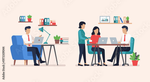 Flat illustration of people working in an office environment with laptops, books, and plants