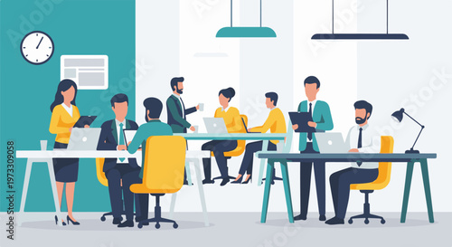 Colleagues collaborate in a modern office, discussing projects around tables