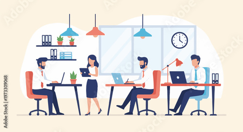 A team of professionals collaborate in a modern office environment, with individuals working at desks and one person standing with a tablet