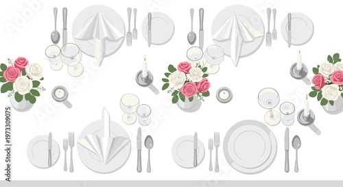 A sophisticated dining arrangement features elegant white plates and silver cutlery accented by glowing candles and vibrant bouquets of pink and white.