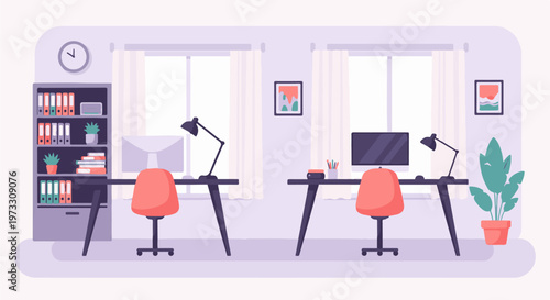 Two modern desks with computers, chairs, lamps, and bookshelves in a bright office setting