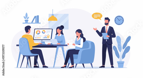 Business team collaborating around a computer, discussing reports and ideas