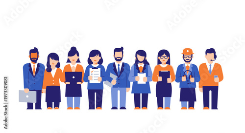 Diverse group of professionals in flat design, teamwork, business, and careers