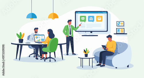 Diverse professionals collaborate in a modern office setting, utilizing digital tools for communication and analysis