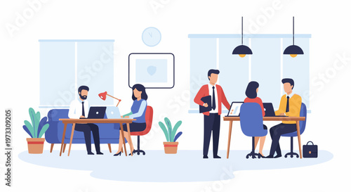 Office workers collaborate at desks and tables, with plants and lamps