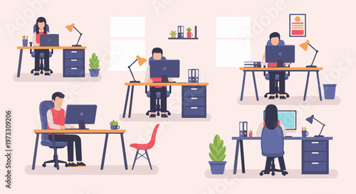 Multiple individuals working on computers at their desks in a modern office environment