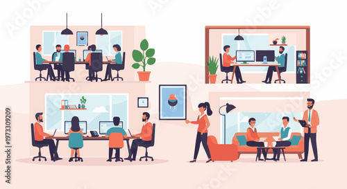 Office interior with people working at desks, meeting around tables, and in casual discussions