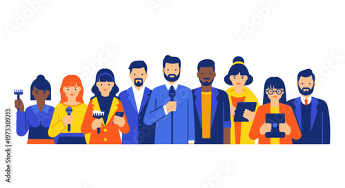 Diverse Group of Journalists and Reporters with Microphones and Tablets