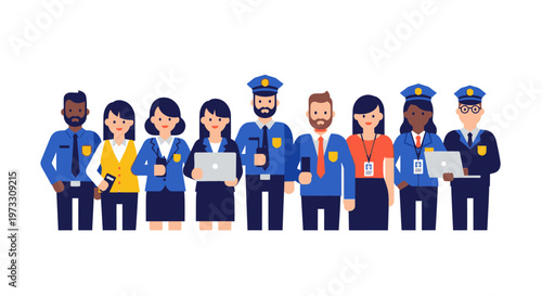 Diverse security team, officers and staff with laptops and badges on white background