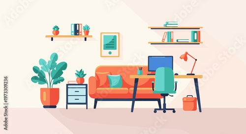 Cozy home office with a vibrant couch, plants, and a modern desk setup