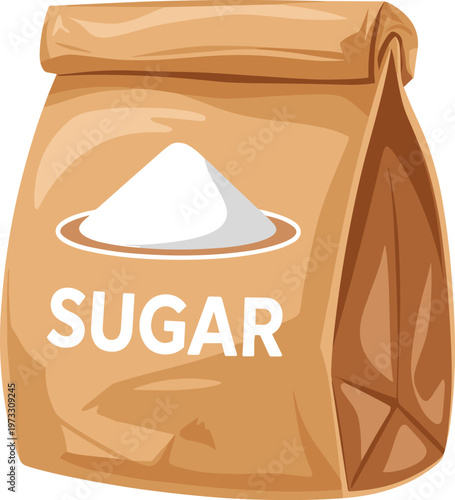 Brown paper bag of white granulated sugar vector illustration isolated on white background for baking grocery and kitchen cooking design concepts