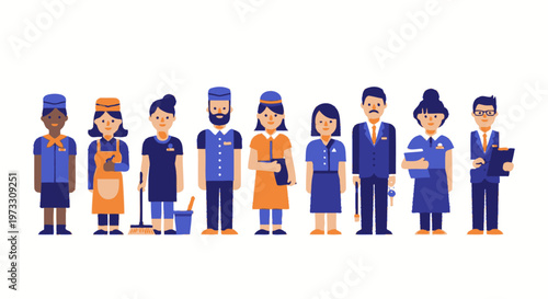 Diverse Team of Service Professionals in Uniforms - Hotel Staff, Cleaners, Business People