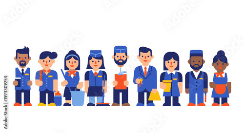 Diverse hospitality workers in uniform, vector illustration