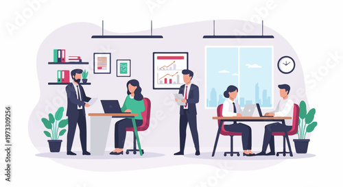 Office team working together at desks with laptops and charts displayed