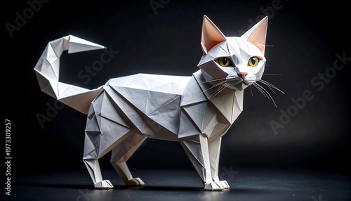 A striking white origami cat stands elegantly against a dark backdrop. The geometric forms showcase a playful blend of art and the animal's form
