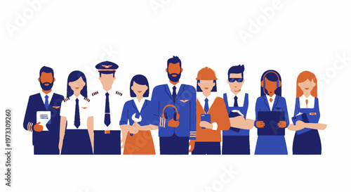 Diverse professional team of aviation and service workers standing together