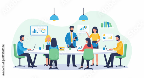 A diverse team collaborates in a brightly lit modern meeting room with charts