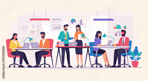 Diverse professionals collaborate in a modern, bright office setting, engaged in tasks at their workstations