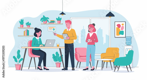 Diverse team collaborates in a modern office space with plants and city views