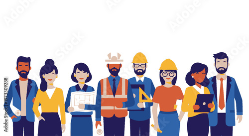 Diverse team of construction workers and architects with blueprints and tools