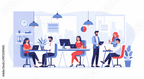 Modern office scene with people working at desks and collaborating (2)