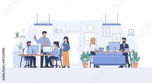 Modern office scene with diverse team collaborating and working on computers