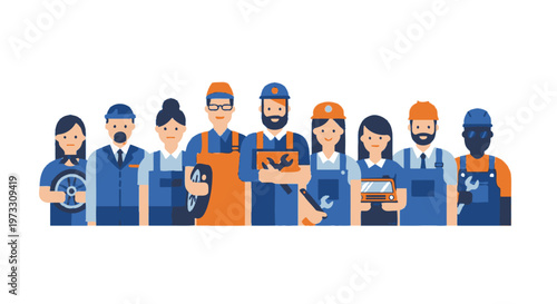Diverse Team of Skilled Workers in Uniforms with Tools