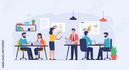 Five individuals collaborate in a modern office, using laptops and discussing charts on screens