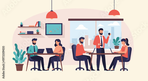 Colleagues collaborate at desks with laptops in a modern office with a city view