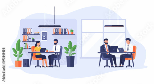 Modern office scene with people working at desks, plants, and shelves